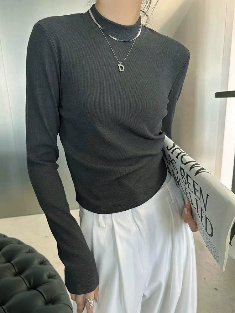 Fall and Winter Elastic Threaded Long Sleeve Silm Short Bottoming Shirt