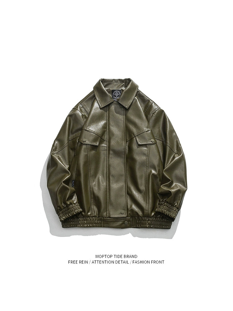 American Fashion Brand Retro Biker's PU Leather Coat Jacket Men's Autumn Leisure Loose Lapels Couple Coat Japanese Style Tops