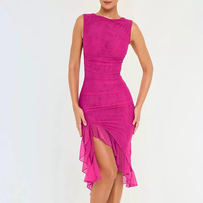 Magnificent Chinese Clothing European and American Style New round Neck Sleeveless Elegant Fashion Double Layer Sexy Tight Open Back Pleated Midi Dress