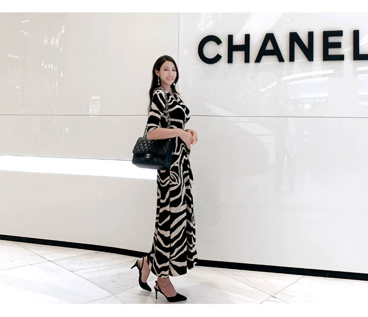 New Spring and Summer One-Piece Print Dress Shoelace Fashion Long Skirt Slim Looking High Elegant V Neck Slim Dress