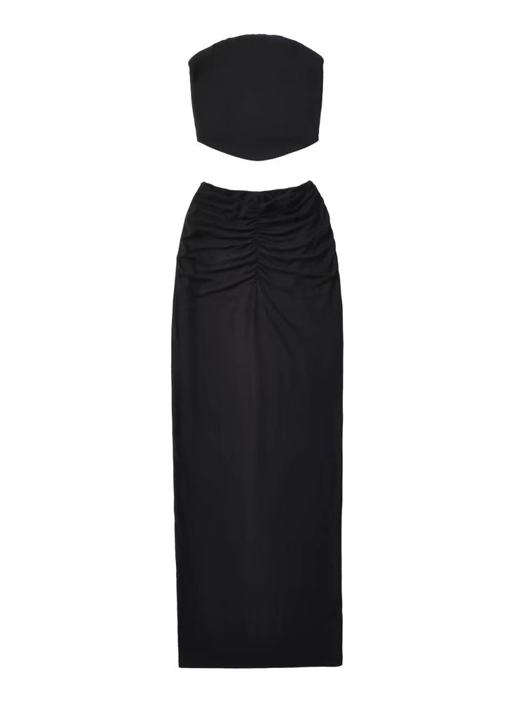 Internet Hot Two-Piece Suit Street Shot Sexy Pure Desire Sexy Tube Top Pleated Slim-Fit High Waist Flattering Split Sheath Dress