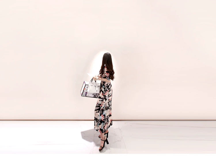 New Spring and Summer One-Piece Print Dress Shoelace Fashion Long Skirt Slim Looking High Elegant V Neck Slim Dress