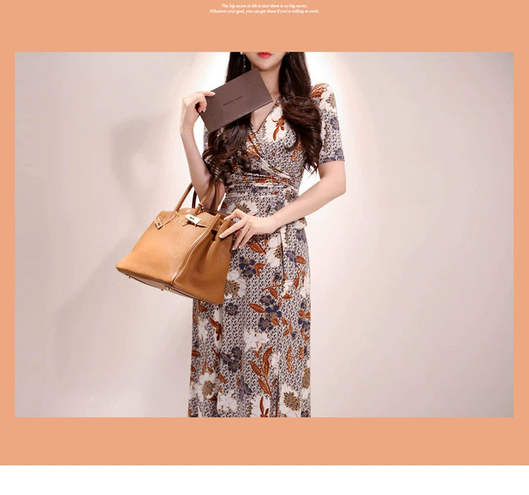 New Spring and Summer One-Piece Print Dress Shoelace Fashion Long Skirt Slim Looking High Elegant V Neck Slim Dress