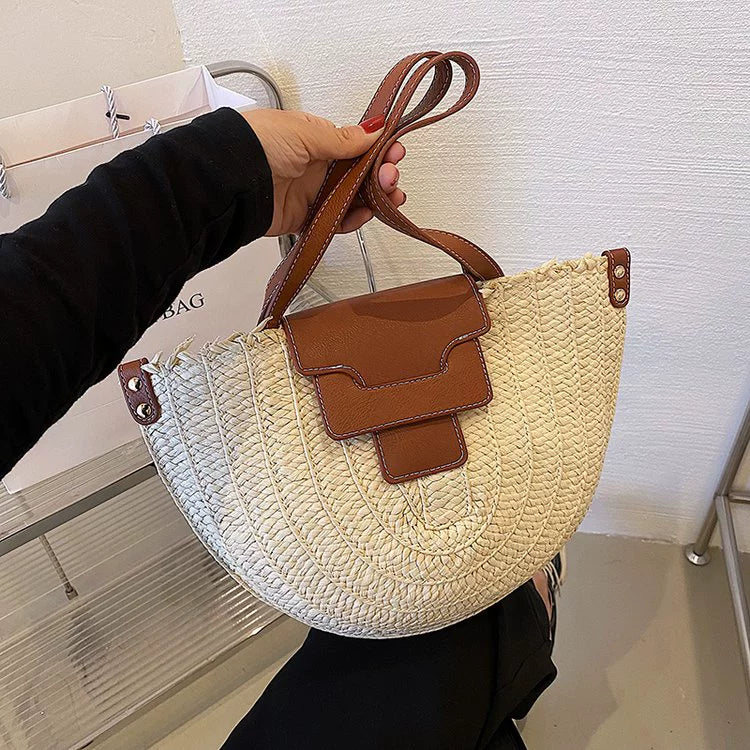 French Style Retro Straw Bag Semicircle Underarm Shoulder Messenger Bag Seaside Vacation Beach Woven Bag