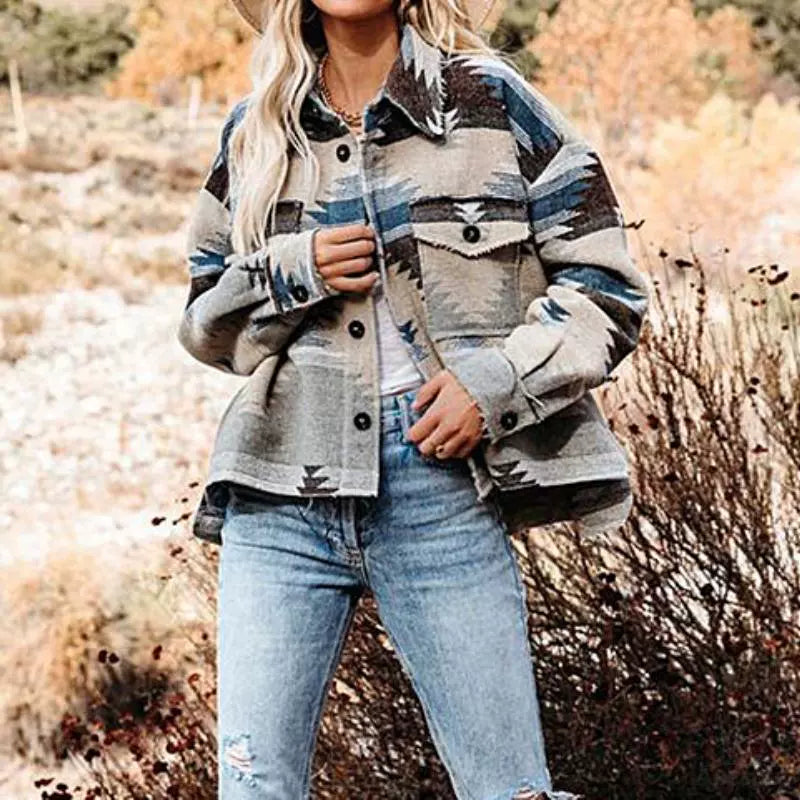 Women's Vintage Geometric Printed Long-Sleeve Woolen Cardigan