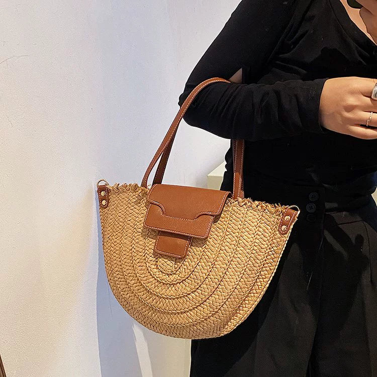 French Style Retro Straw Bag Semicircle Underarm Shoulder Messenger Bag Seaside Vacation Beach Woven Bag