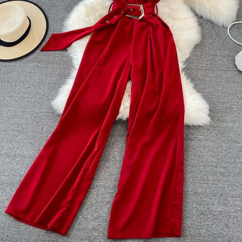K-style V Neck High Waist Fashion Casual Drooping Wide Leg Pants