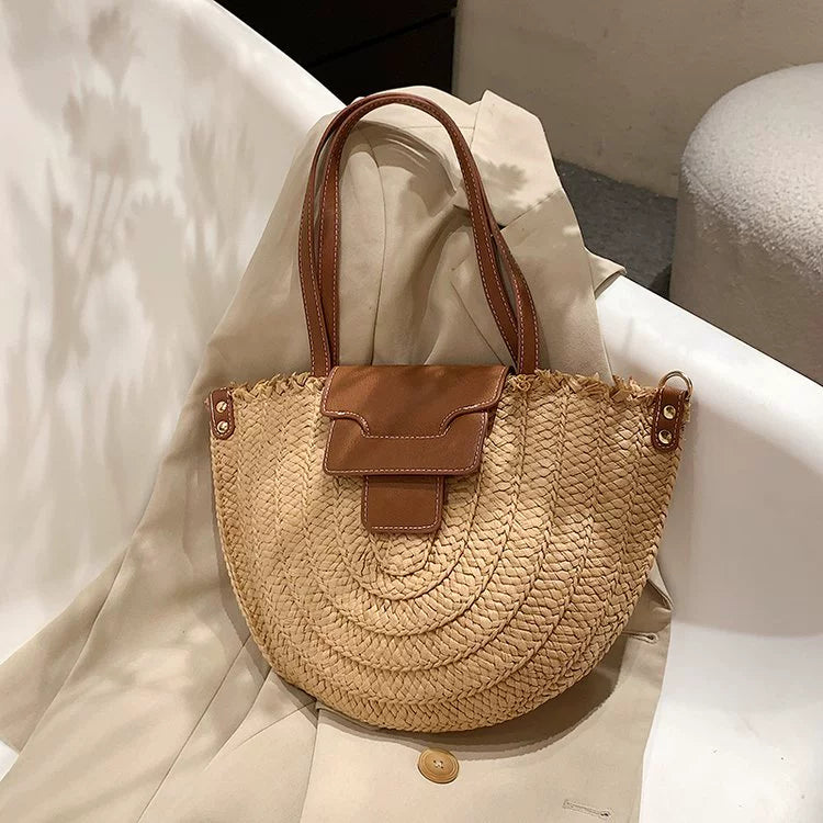 French Style Retro Straw Bag Semicircle Underarm Shoulder Messenger Bag Seaside Vacation Beach Woven Bag