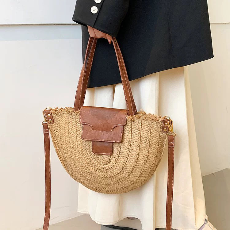 French Style Retro Straw Bag Semicircle Underarm Shoulder Messenger Bag Seaside Vacation Beach Woven Bag