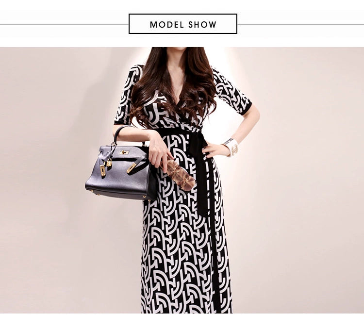 New Spring and Summer One-Piece Print Dress Shoelace Fashion Long Skirt Slim Looking High Elegant V Neck Slim Dress