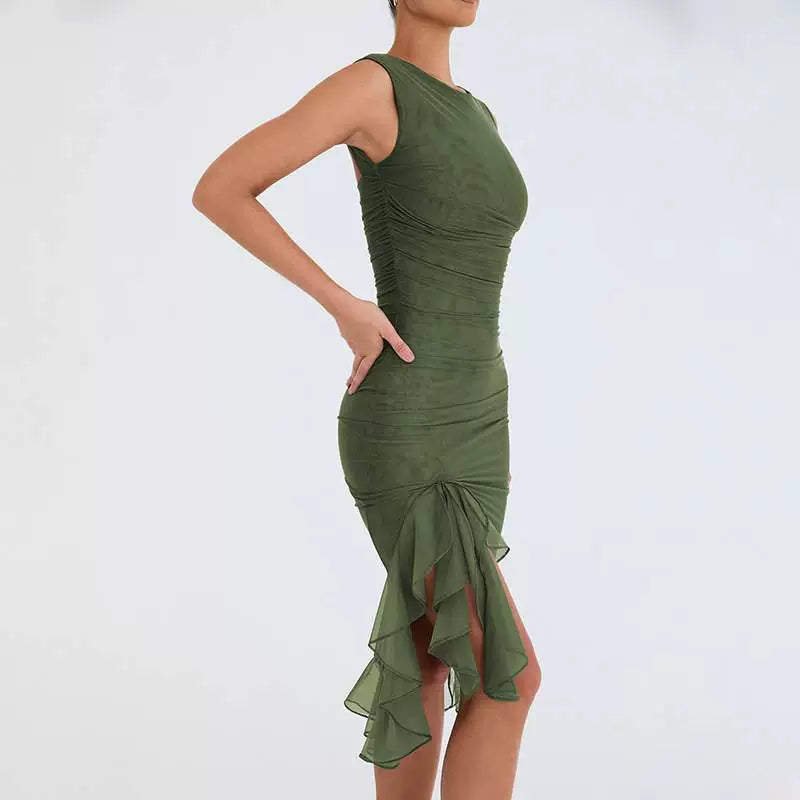 Magnificent Chinese Clothing European and American Style New round Neck Sleeveless Elegant Fashion Double Layer Sexy Tight Open Back Pleated Midi Dress