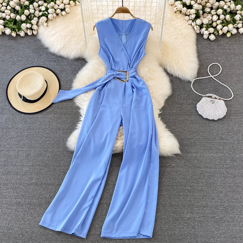 K-style V Neck High Waist Fashion Casual Drooping Wide Leg Pants