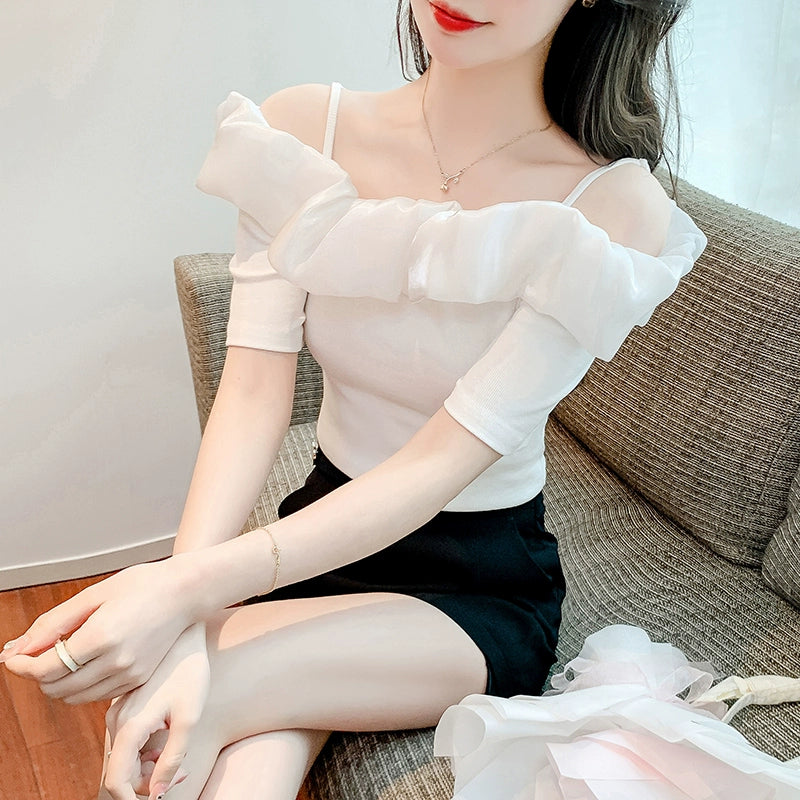 Summer Sexy T-shirt Collarbone off-Shoulder Top Short Sleeve