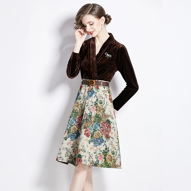 Gold Velvet Jacquard Fake Two-Piece Dress