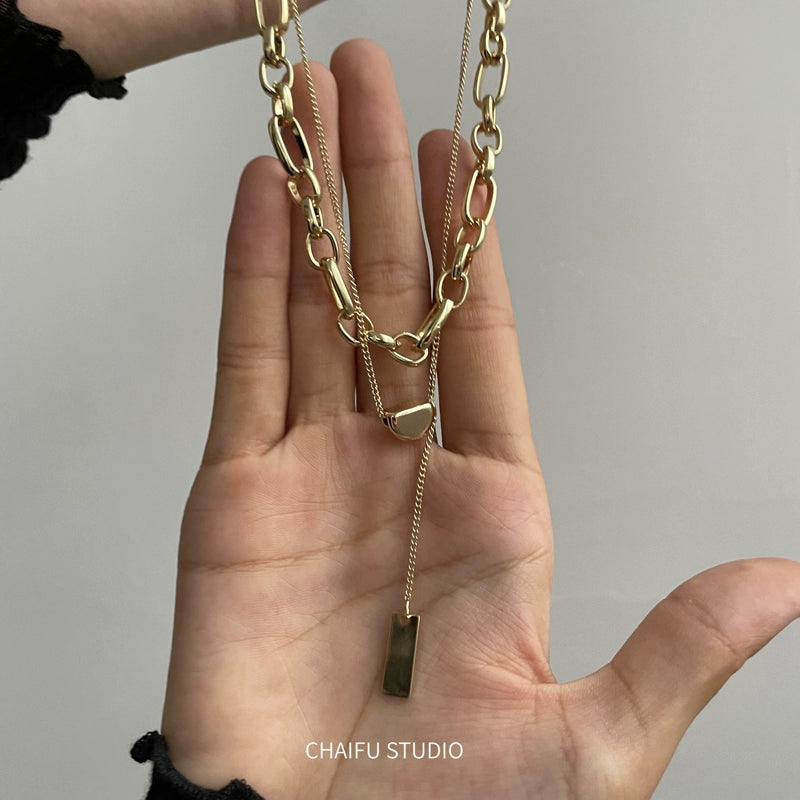 Chai Fu Grocery Store/X655 Ins Minimalist Multi-Layer Twin Gold Ingot Square Piece Pendant Necklace Necklace