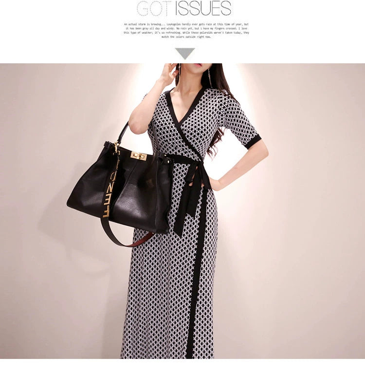 New Spring and Summer One-Piece Print Dress Shoelace Fashion Long Skirt Slim Looking High Elegant V Neck Slim Dress