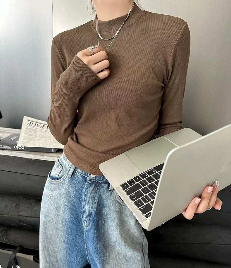 Fall and Winter Elastic Threaded Long Sleeve Silm Short Bottoming Shirt