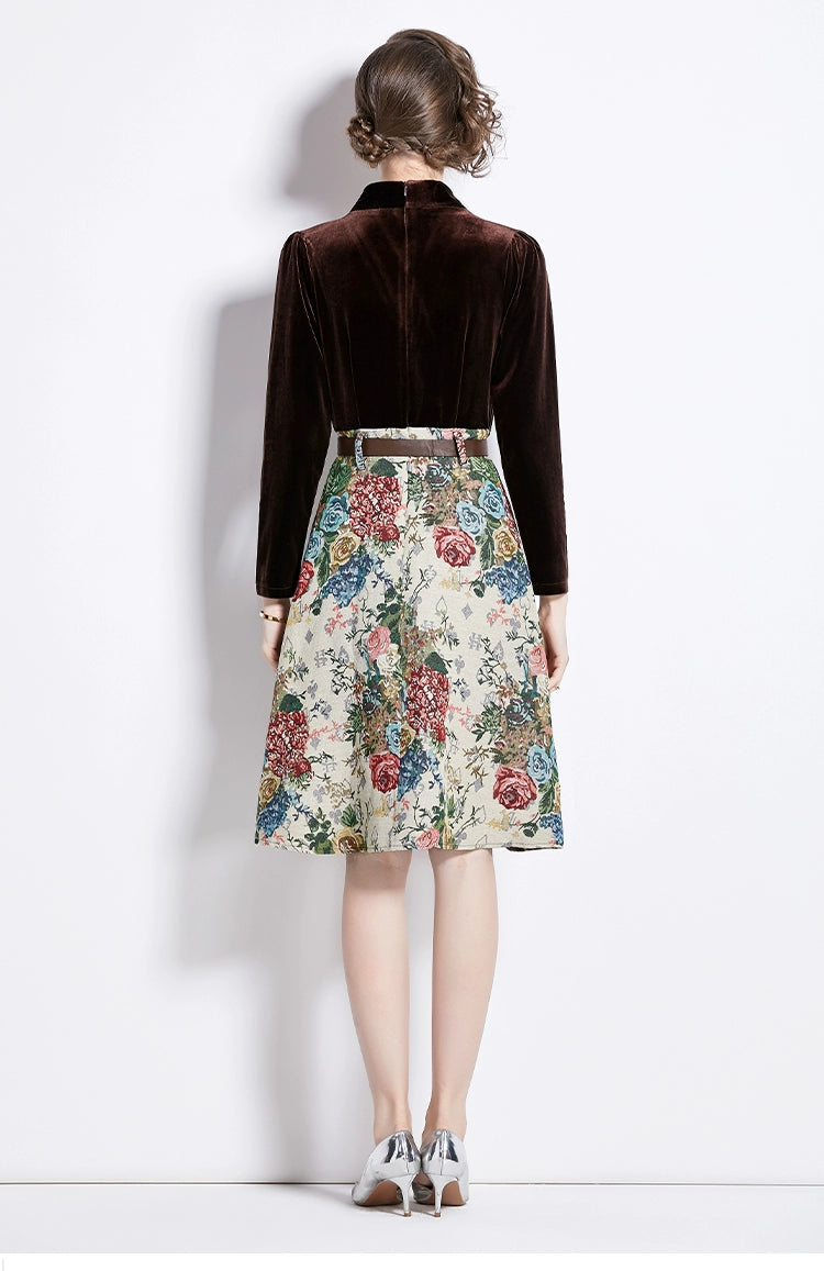 Gold Velvet Jacquard Fake Two-Piece Dress