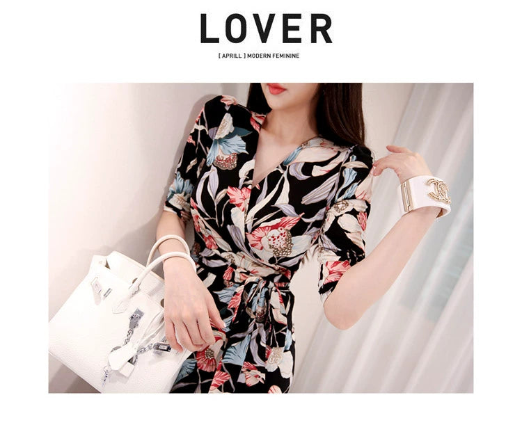 New Spring and Summer One-Piece Print Dress Shoelace Fashion Long Skirt Slim Looking High Elegant V Neck Slim Dress