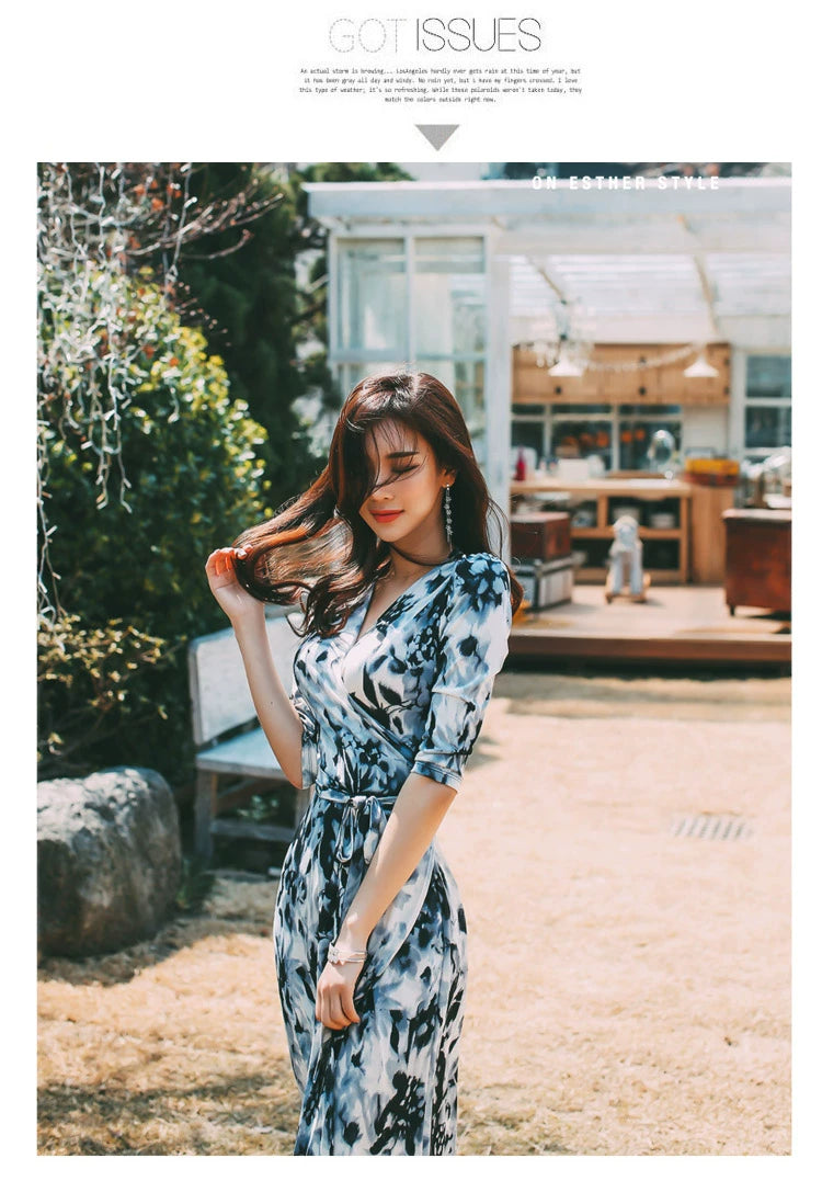 New Spring and Summer One-Piece Print Dress Shoelace Fashion Long Skirt Slim Looking High Elegant V Neck Slim Dress