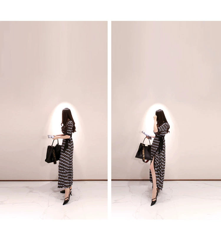 New Spring and Summer One-Piece Print Dress Shoelace Fashion Long Skirt Slim Looking High Elegant V Neck Slim Dress