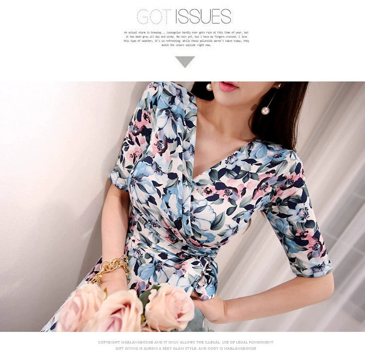 New Spring and Summer One-Piece Print Dress Shoelace Fashion Long Skirt Slim Looking High Elegant V Neck Slim Dress