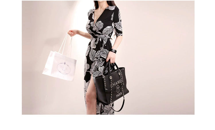 New Spring and Summer One-Piece Print Dress Shoelace Fashion Long Skirt Slim Looking High Elegant V Neck Slim Dress