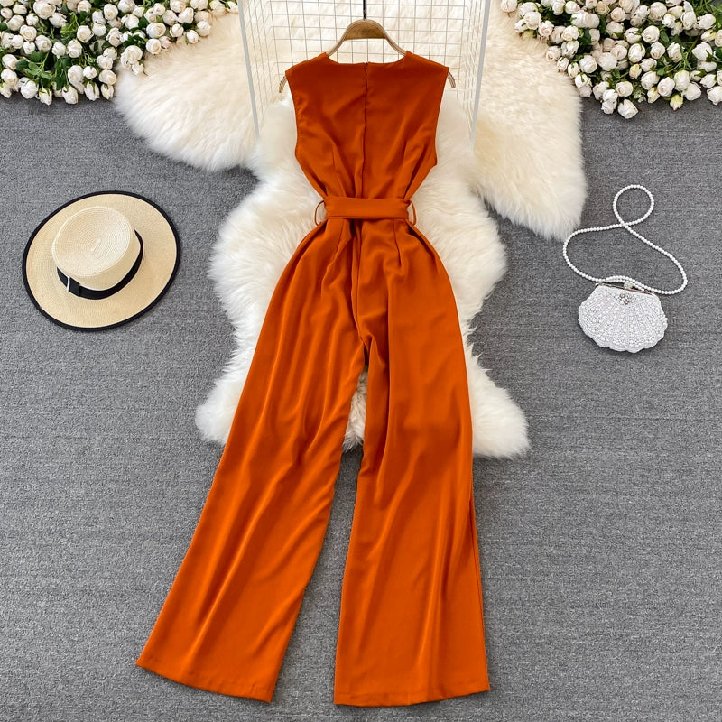 K-style V Neck High Waist Fashion Casual Drooping Wide Leg Pants
