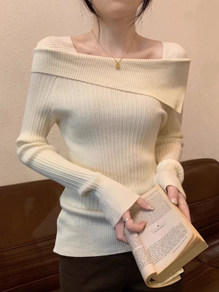 Fancy off-Shoulder Long Sleeve Inner Wear Slim Sweater