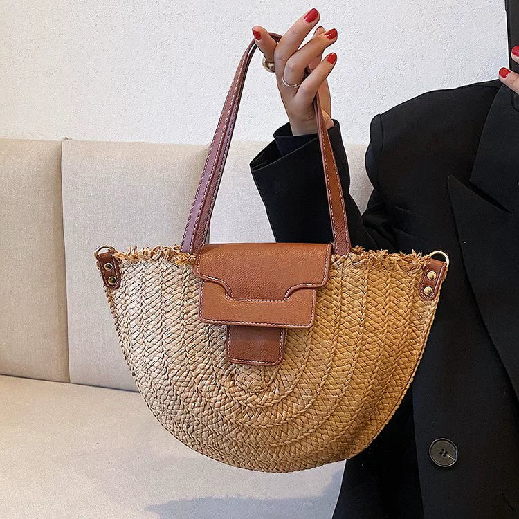 French Style Retro Straw Bag Semicircle Underarm Shoulder Messenger Bag Seaside Vacation Beach Woven Bag