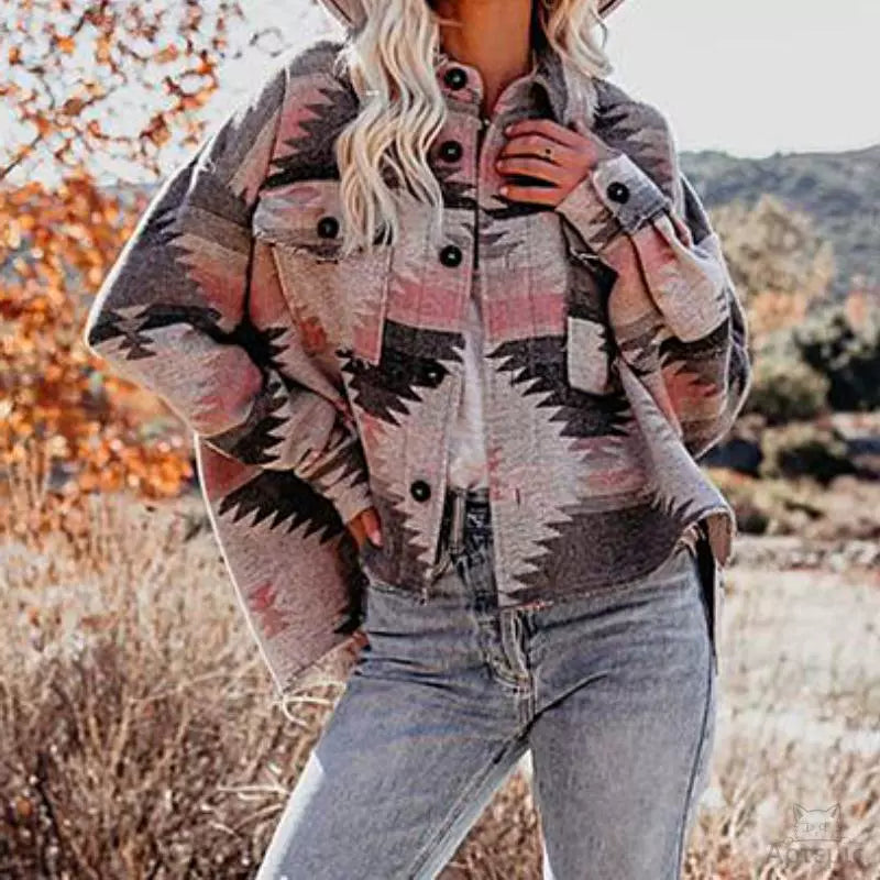 Women's Vintage Geometric Printed Long-Sleeve Woolen Cardigan