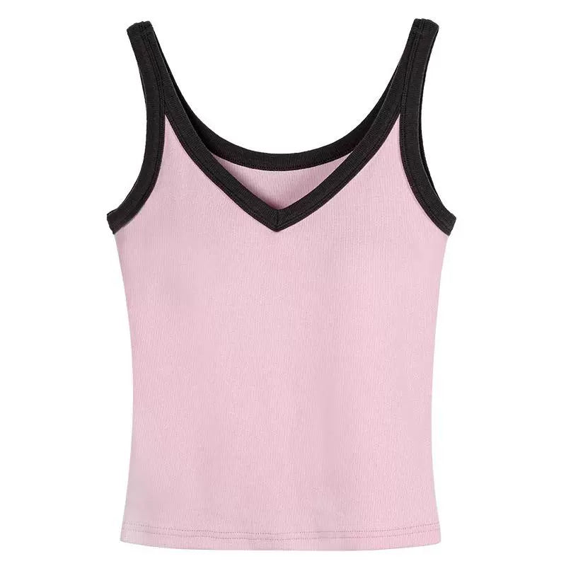 Niche Retro Contrast Color Slim Fit Knitted V-neck Strap