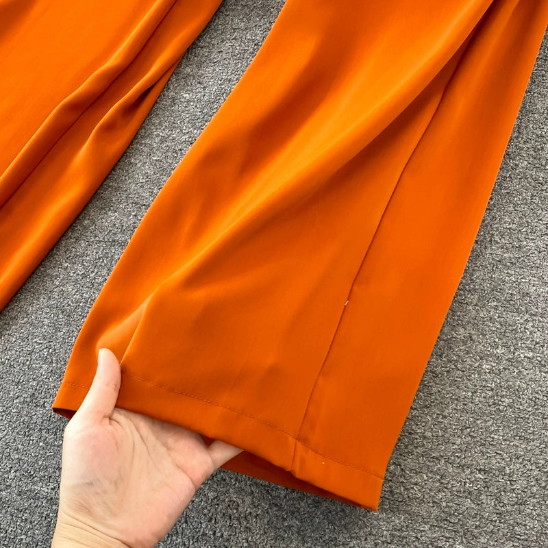 K-style V Neck High Waist Fashion Casual Drooping Wide Leg Pants