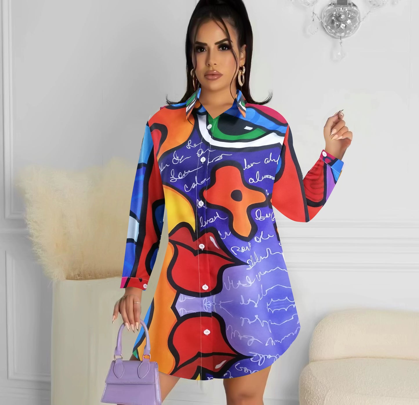 Fashion Style Fashion Elegant Amazon Cross-Border Print Mid Length Long Length Top Shirt Loose Casual Women's Shirt