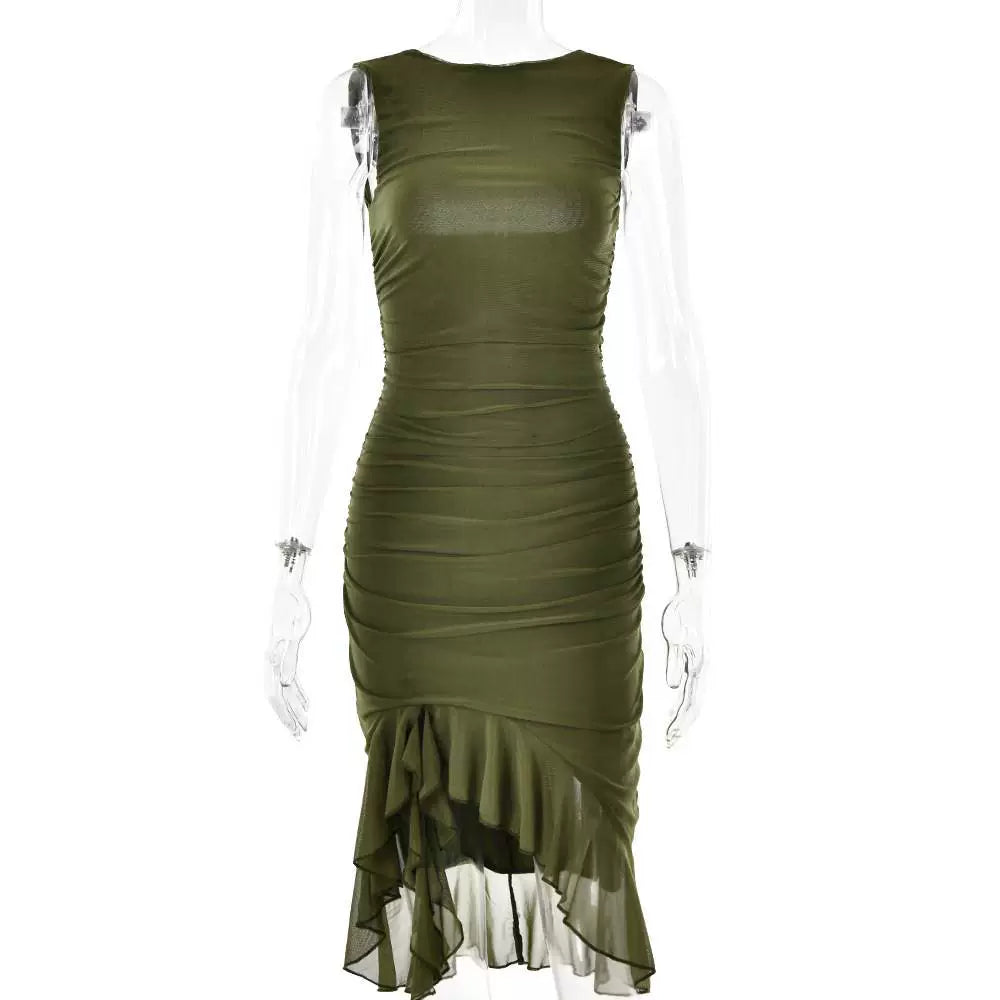 Magnificent Chinese Clothing European and American Style New round Neck Sleeveless Elegant Fashion Double Layer Sexy Tight Open Back Pleated Midi Dress