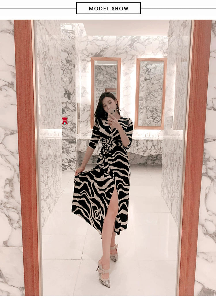 New Spring and Summer One-Piece Print Dress Shoelace Fashion Long Skirt Slim Looking High Elegant V Neck Slim Dress