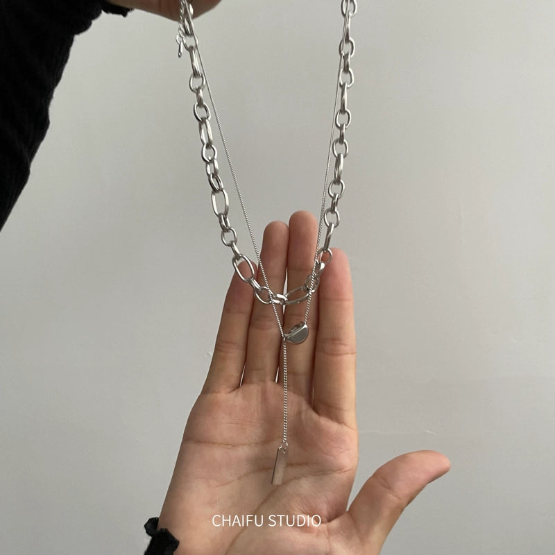 Chai Fu Grocery Store/X655 Ins Minimalist Multi-Layer Twin Gold Ingot Square Piece Pendant Necklace Necklace