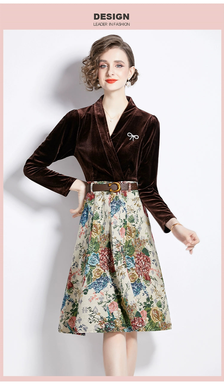 Gold Velvet Jacquard Fake Two-Piece Dress