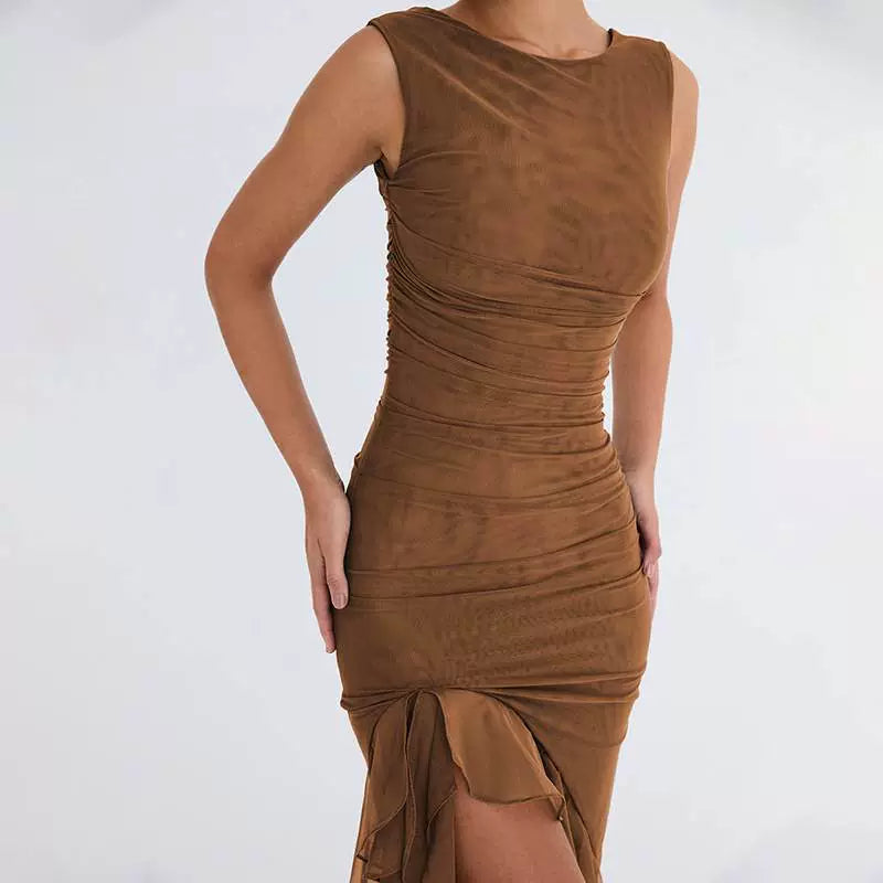 Magnificent Chinese Clothing European and American Style New round Neck Sleeveless Elegant Fashion Double Layer Sexy Tight Open Back Pleated Midi Dress