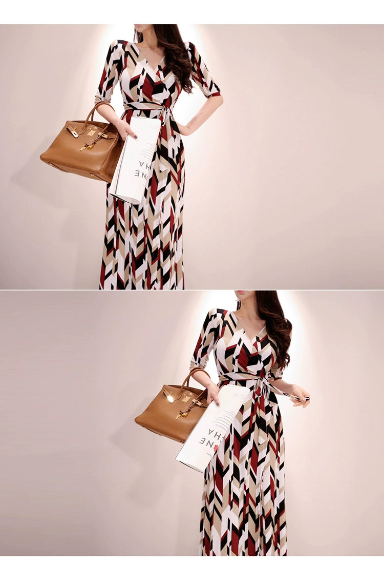 New Spring and Summer One-Piece Print Dress Shoelace Fashion Long Skirt Slim Looking High Elegant V Neck Slim Dress