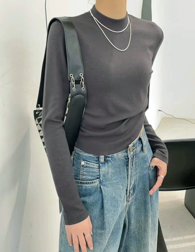 Fall and Winter Elastic Threaded Long Sleeve Silm Short Bottoming Shirt