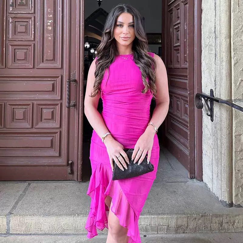 Magnificent Chinese Clothing European and American Style New round Neck Sleeveless Elegant Fashion Double Layer Sexy Tight Open Back Pleated Midi Dress
