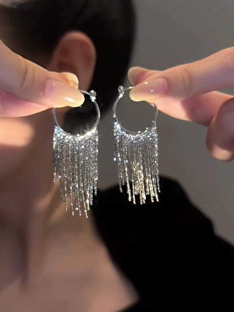 Circle Long Tassel Earrings Earrings Women round Face Slimming Elegant All-Match High Sense Niche Design New Earrings