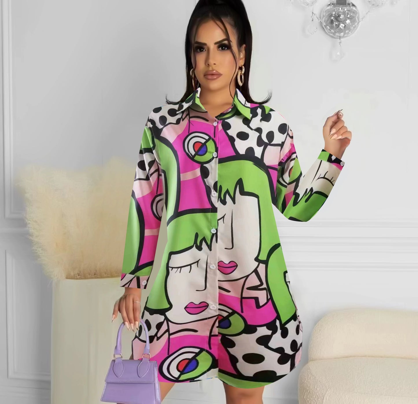 Fashion Style Fashion Elegant Amazon Cross-Border Print Mid Length Long Length Top Shirt Loose Casual Women's Shirt