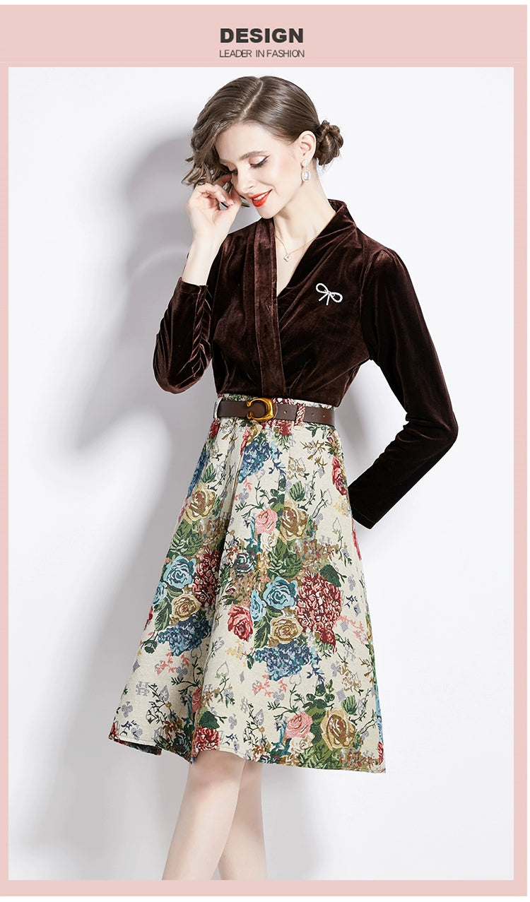 Gold Velvet Jacquard Fake Two-Piece Dress