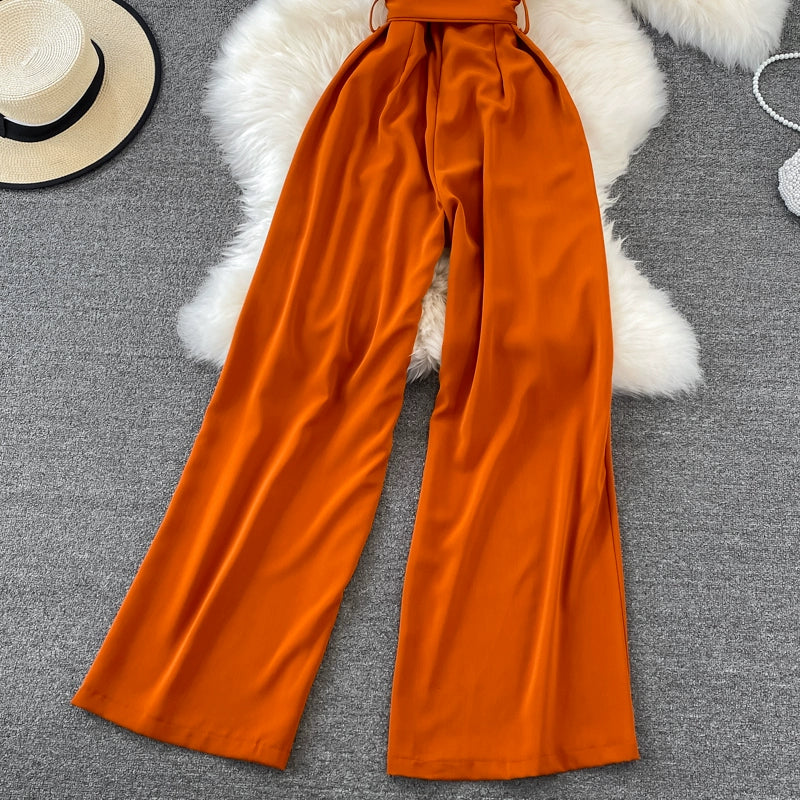 K-style V Neck High Waist Fashion Casual Drooping Wide Leg Pants