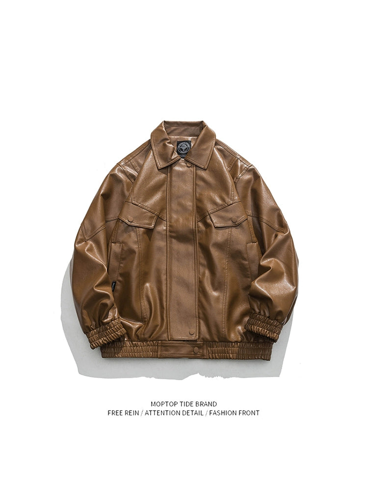American Fashion Brand Retro Biker's PU Leather Coat Jacket Men's Autumn Leisure Loose Lapels Couple Coat Japanese Style Tops