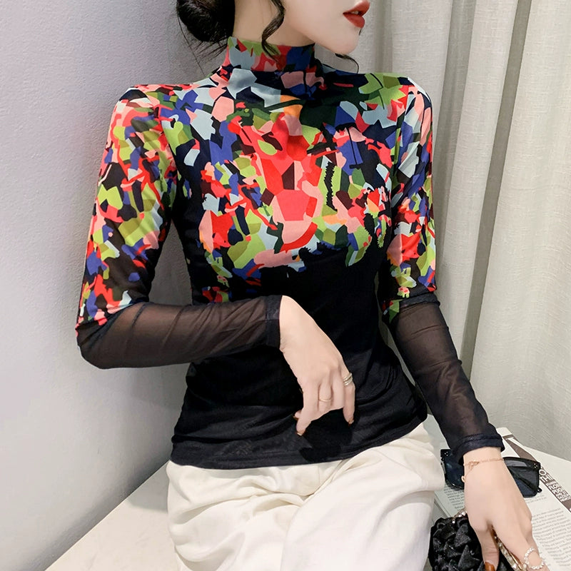 Printed Top Design Long Sleeve Mesh