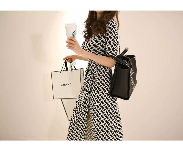 New Spring and Summer One-Piece Print Dress Shoelace Fashion Long Skirt Slim Looking High Elegant V Neck Slim Dress