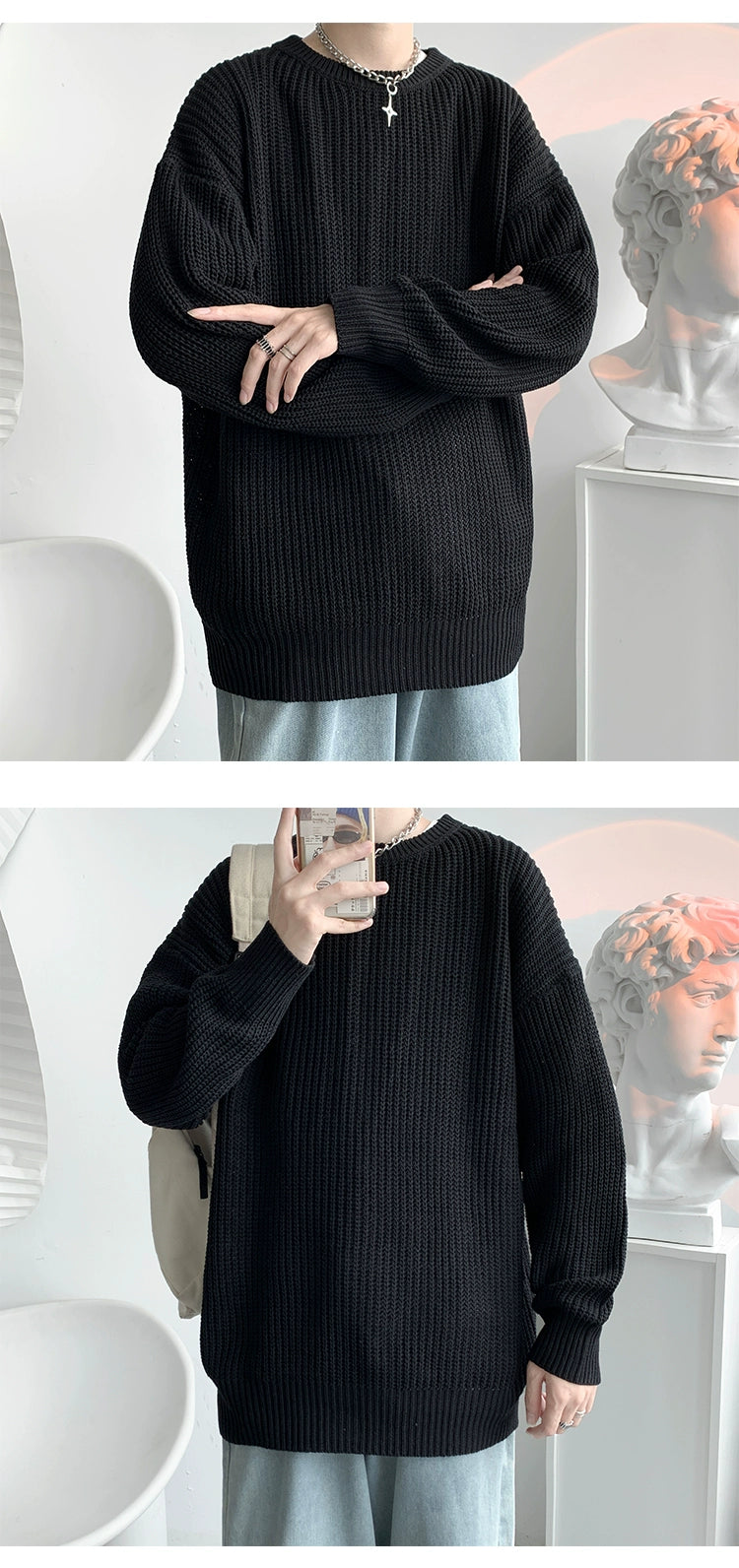 Hong Kong Style Sweater Men's Loose and Lazy Style Ins Casual Solid Color Sweater Japanese-Style Retro Student All-Matching Sweater